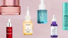 A selection of product pictures of the best niacinamide serums featured in this guide, from Clarins, Olay, Vichy, Beauty Pie, La Roche-Posay and Naturium, scattered across a pastel purple watercolour paint-style template