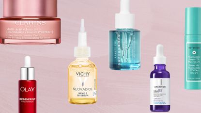 A selection of product pictures of the best niacinamide serums featured in this guide, from Clarins, Olay, Vichy, Beauty Pie, La Roche-Posay and Naturium, scattered across a pastel purple watercolour paint-style template