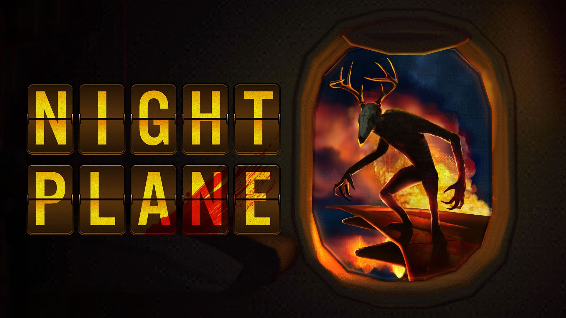 A monstrous creature perched on an aeroplane wing. The Night Plane logo is on the left.