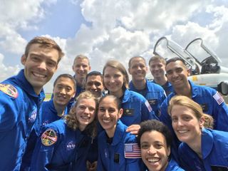 The 2017 astronaut candidate class, shortly after selection. In August 2018, candidate Robb Kulin (seen at far left) resigned from training for undisclosed personal reasons.
