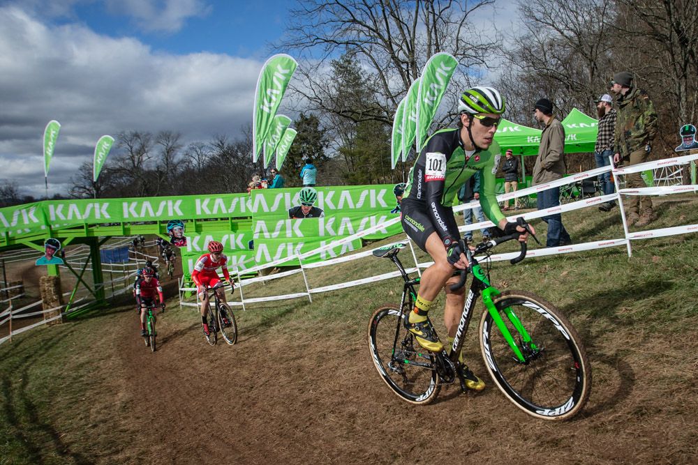 Curtis White (Cannondale) leads the first lap in the mens U23 race
