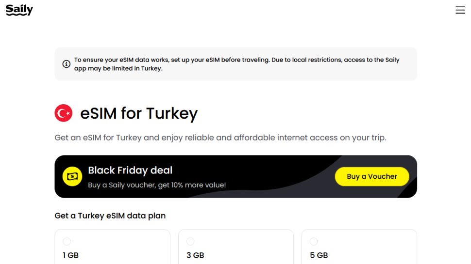 Saily website screenshot (November 2025).