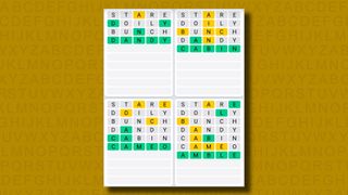 Quordle Daily Sequence answers for game 983 on a yellow background