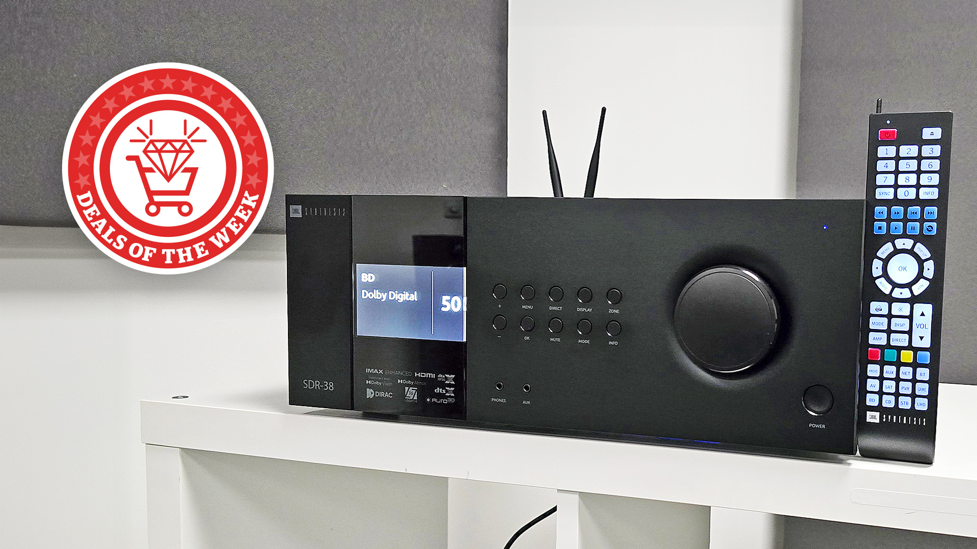 A picture of the JBL Synthesis SDR-38 with the deals of the week logo overlaid
