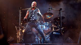 British heavy metal group Judas Priest perform onstage, 1986
