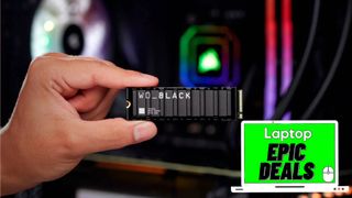 Man holding a WD Black SN850X game drive with an RGB gaming PC in the background.