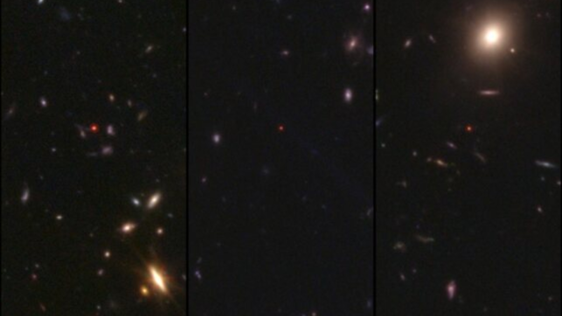 A deep space image showing the glow of stars and galaxies against a black background along with little red dots throughout the image. 