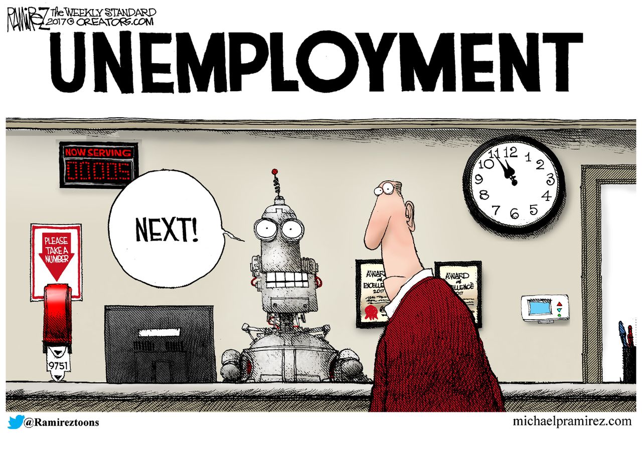 Political cartoon U.S. Unemployment robots automation jobs