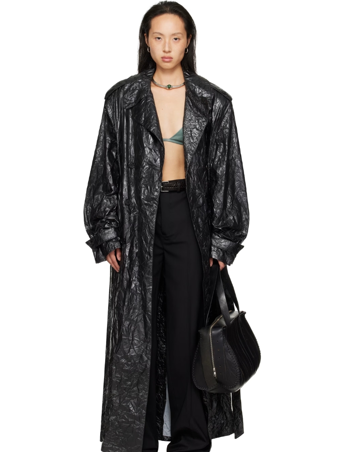 Black Crumple Trench Coat