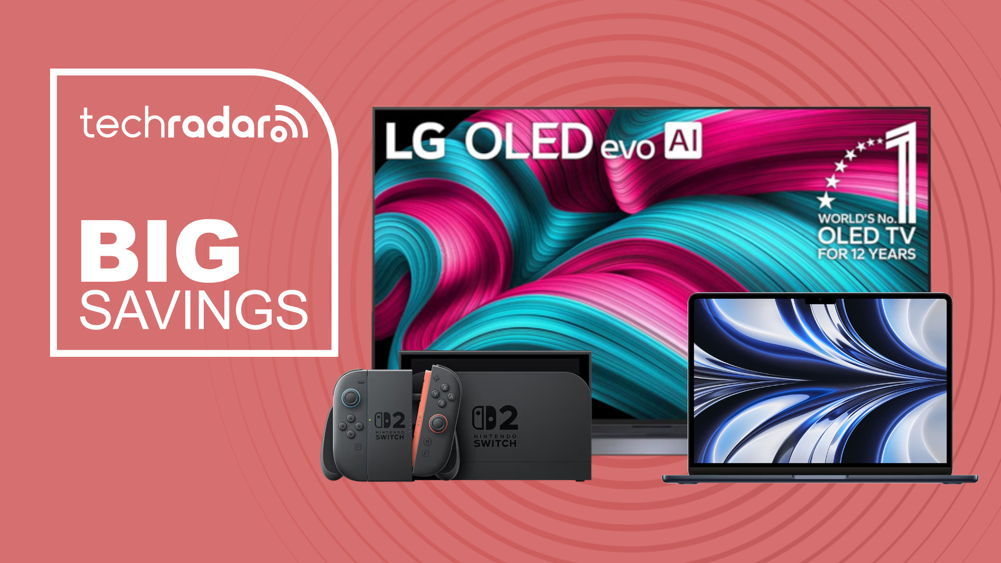 LG C5 OLED TV, Nintendo Switch 2, and MacBook Air M2 on red background with big savings text overlay