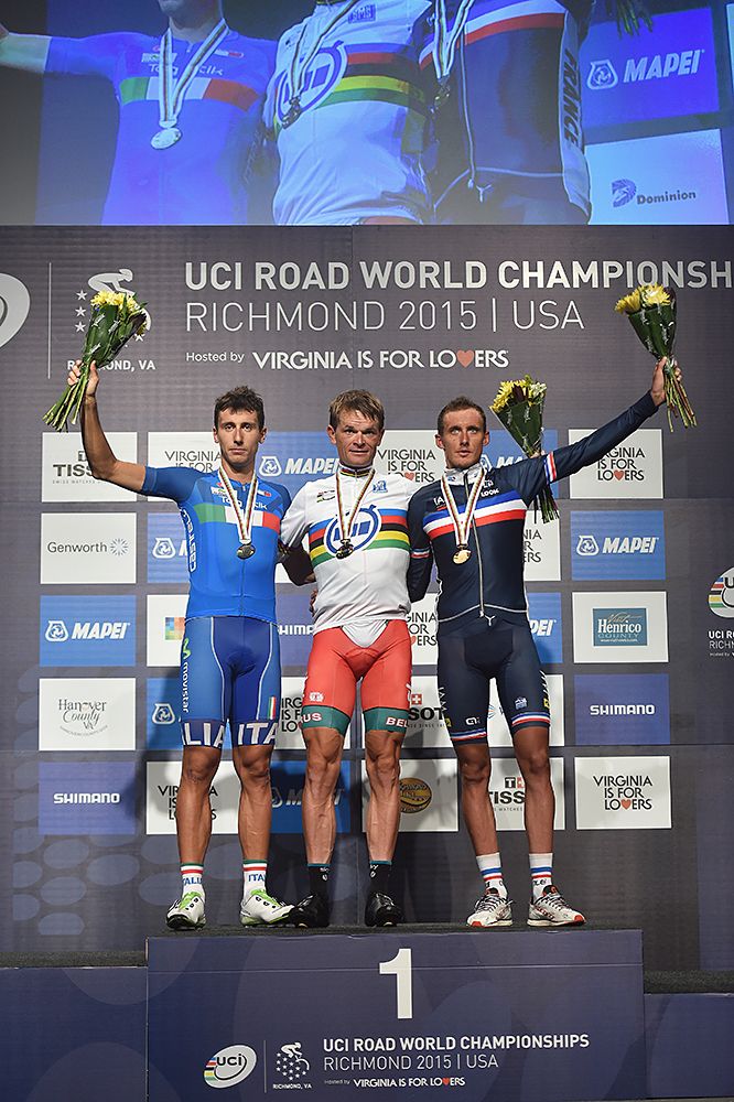 The elite men's time trial podium at the World Championships