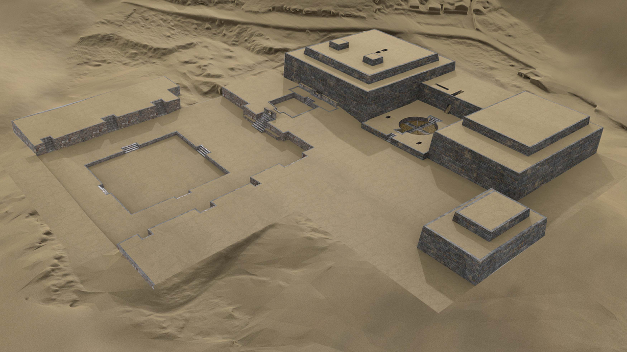 3D model of ancient Chav&iacute;n showing large rectangular buildings around a plaza.