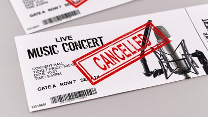 Concept for cancelled entertainment events with concert tickets and red 'cancelled' stamp on them 