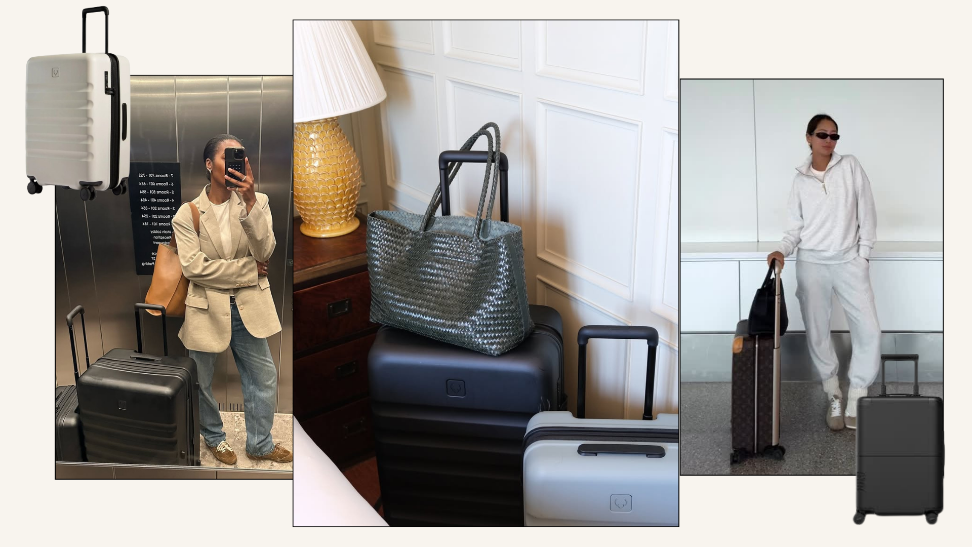 Three photos of different sizes of luggage and women holding luggage