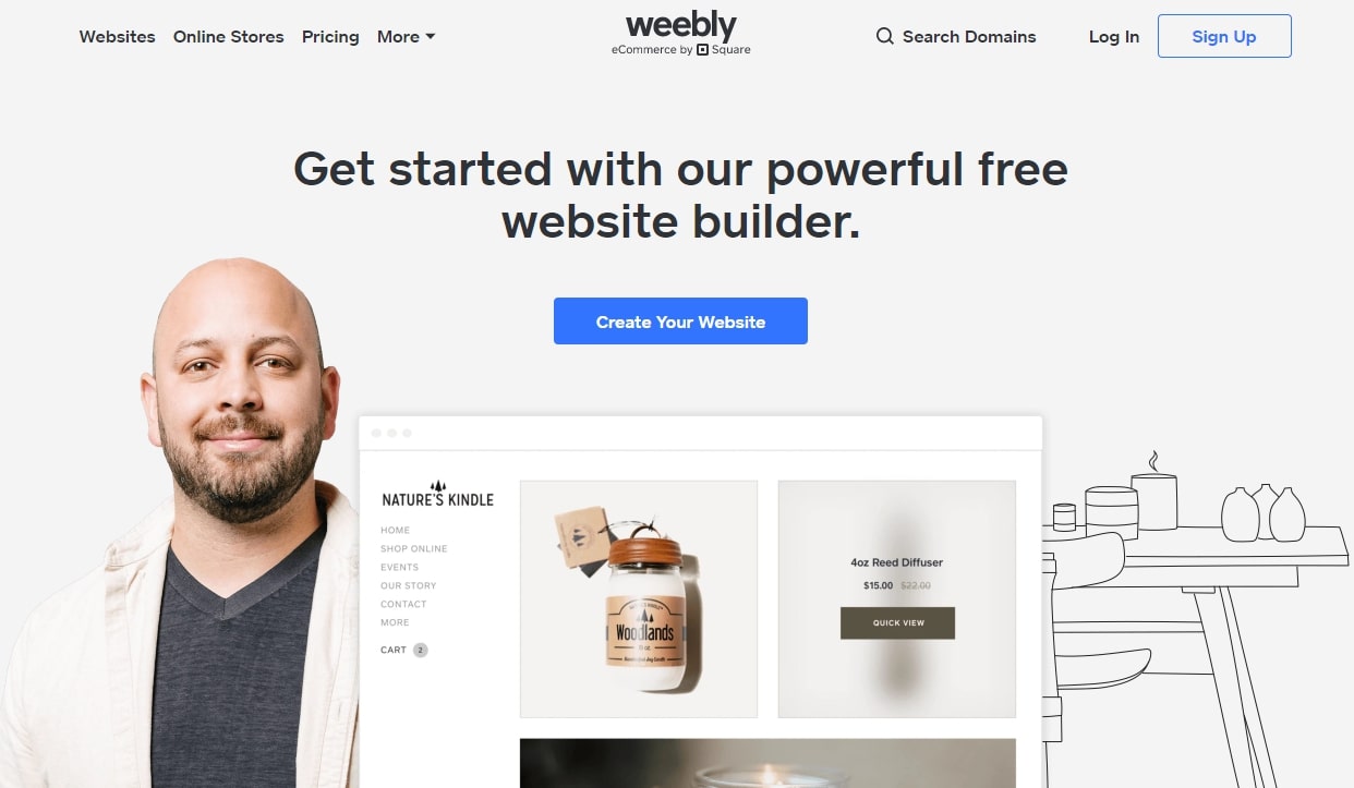 Homepage of Weebly, one of the best website builders for videographers, featuring smiling man and example website