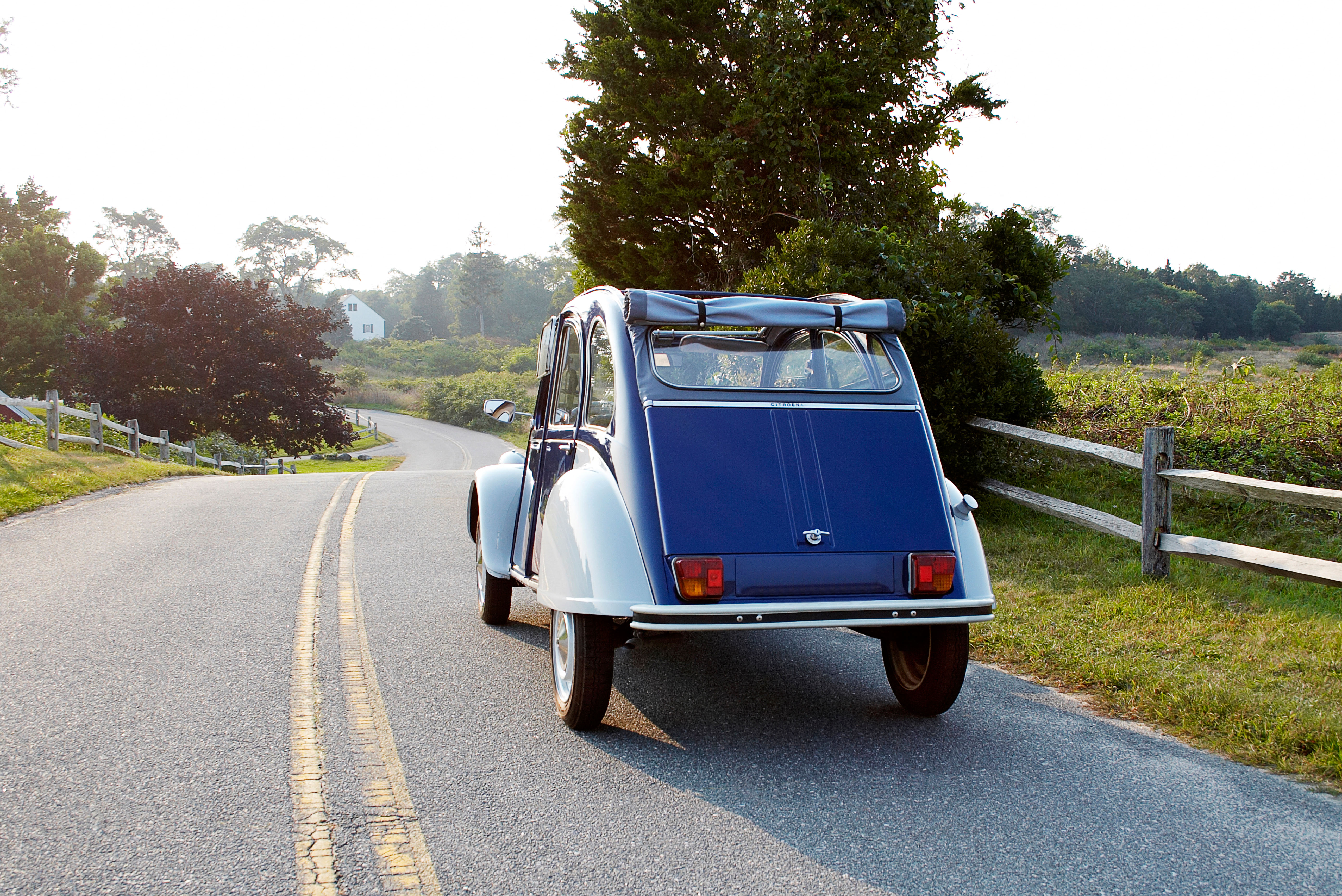 Citroen 2cv car on country road, viewed from behind