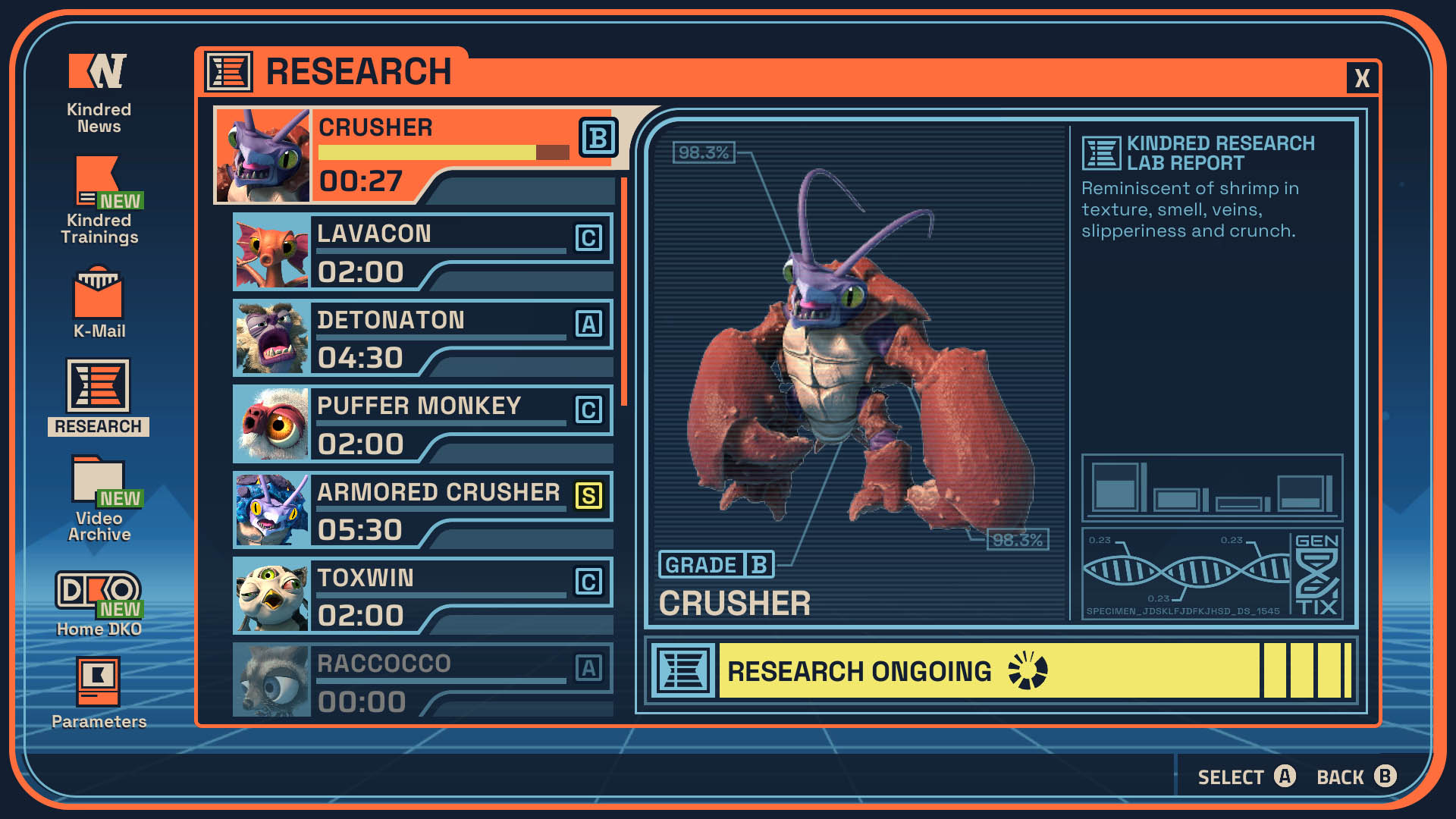 Data log information on the crusher in Revenge of the Savage Planet, a buff looking lobster enemy