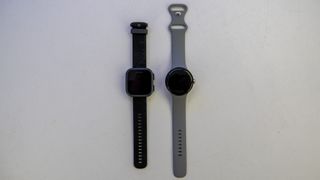 Garmin Bounce kids smartwatch compared to a Pixel Watch for size comparison