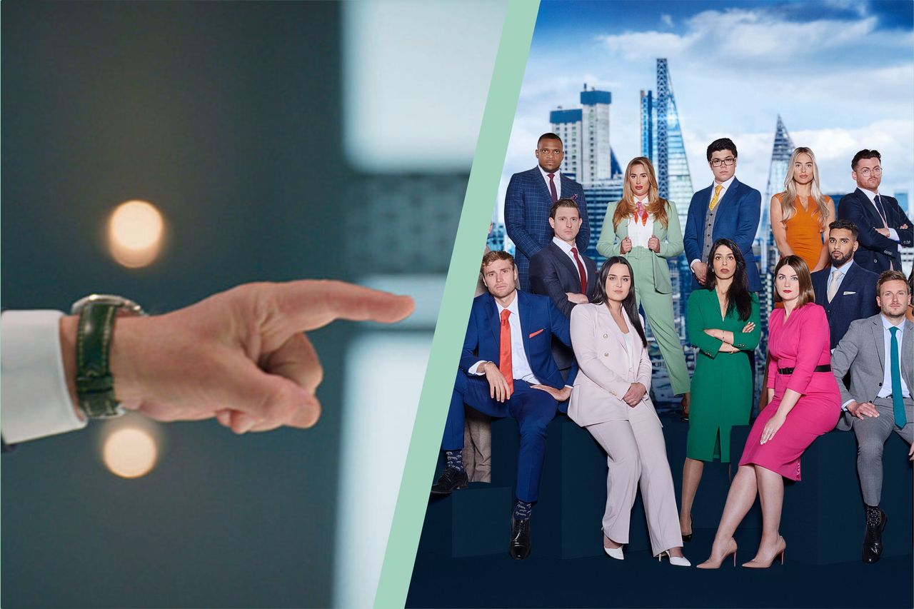 The Apprentice 2023 Lord Sugar pointing in split screen layout with contestants - who left the apprentice