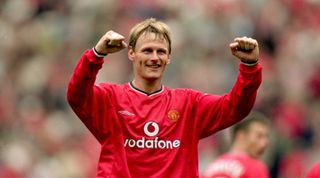 9 Sep 2000: Teddy Sheringham of Manchester United celebrates during the FA Carling Premiership match against Sunderland played at Old Trafford, in Manchester, England. Manchester United won the match 3-0. \ Mandatory Credit: Phil Cole /Allsport