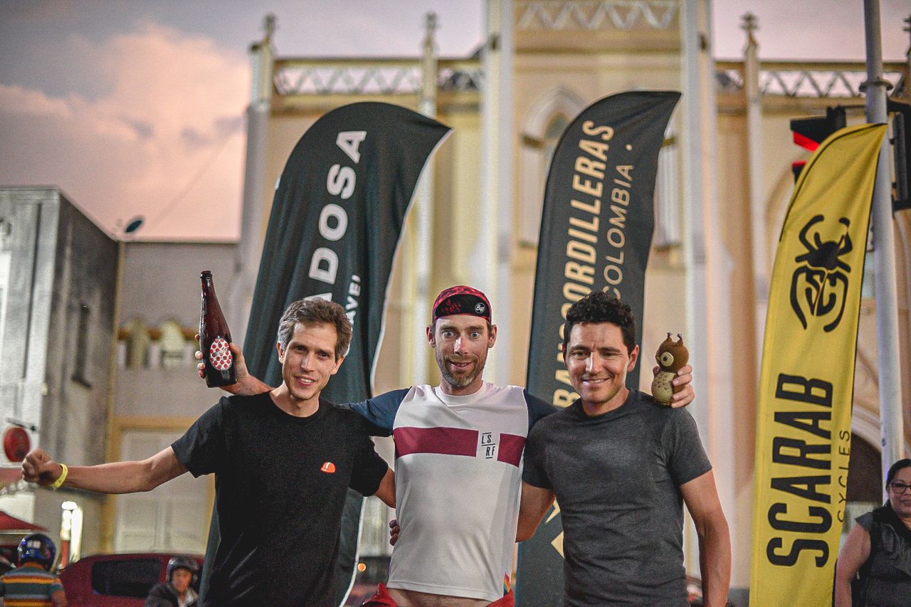 Stage 2 podium at 2023 Transcordilleras (L to R): Antonio Donado second, winner Laurens ten Dam, &Oacute;scar Tovar third