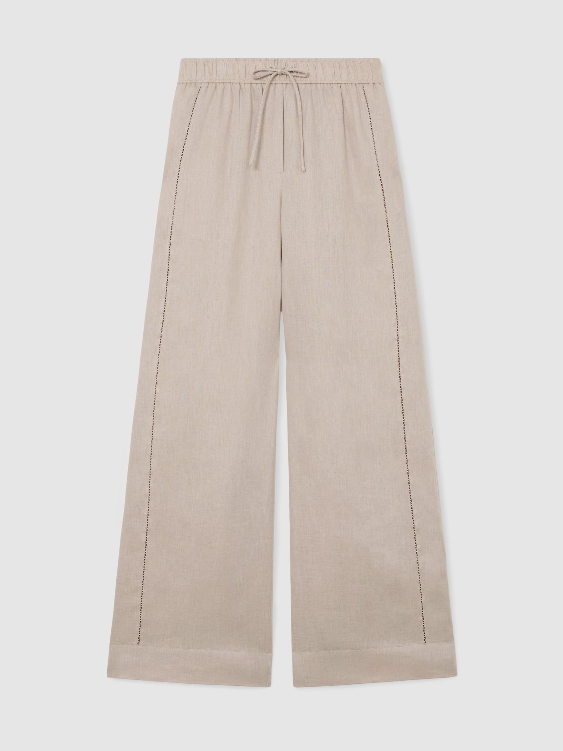 Linen Ladder-Embroidery Wide-Leg Trousers in Neutral