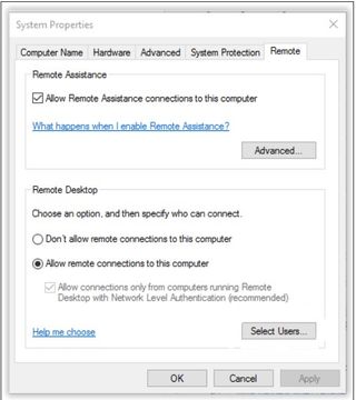 Microsoft's remote desktop settings window