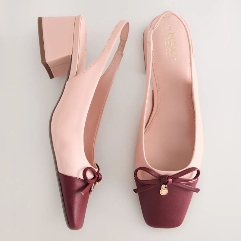 Next, pink and burgundy slingback court pumps