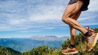 The legs and feet of a man running down a grassy mountain, muscles tensed.
