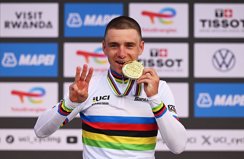 KIGALI, RWANDA - SEPTEMBER 21: Gold medalist Remco Evenepoel of Team Belgium celebrates winning during the medal ceremony after the 98th UCI Cycling World Championships Kigali 2025 - Men Elite Individual Time Trial a 40.6km race from Kigali to Kigali on September 21, 2025 in Kigali, Rwanda. (Photo by Dario Belingheri/Getty Images)