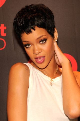 Rihanna is pictured backstage with a choppy pixie haircut during the 2012 iHeartRadio Music Festival at MGM Grand Garden Arena on September 21, 2012 in Las Vegas, Nevada.