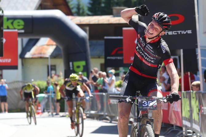 Daniel Geismeyr celebrates second place
