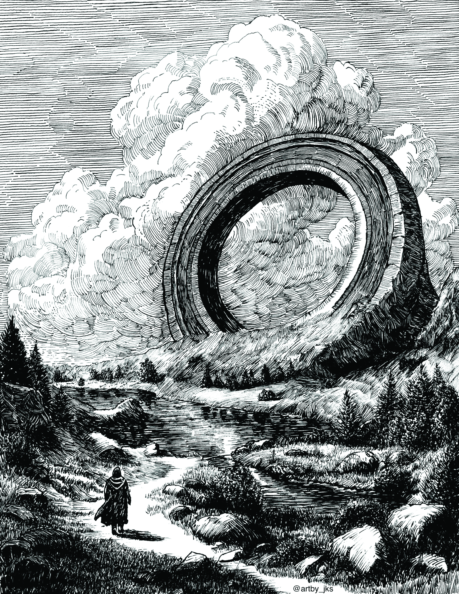 Artwork drawn in ink that looks like a medieval engraving