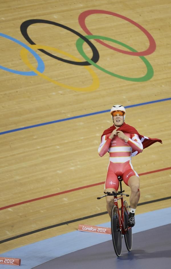 Lasse Norman Hansen (Denmark) takes a victory lap after winning the inaugural Olympic omnium.