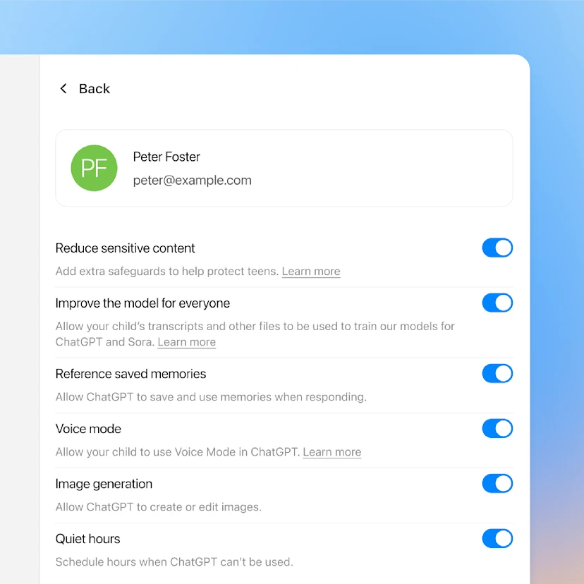 ChatGPT Parental Controls panel