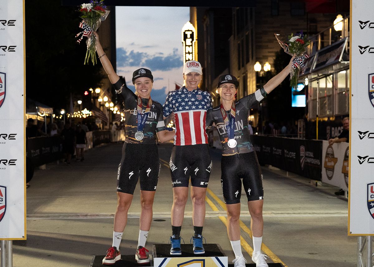 Women&#039;s US Pro Criterium Podium(LtoR): L39ION of Los Angeles sweeps, Skylar Schneider second, Kendall Ryan first, Alexis Ryan third