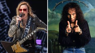 Lzzy Hale plays a black Explorer with a gold pickguard; Ronnie James Dio gives the thumbs-up.