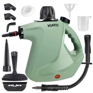 A sage green steam cleaner with various black attachments around it