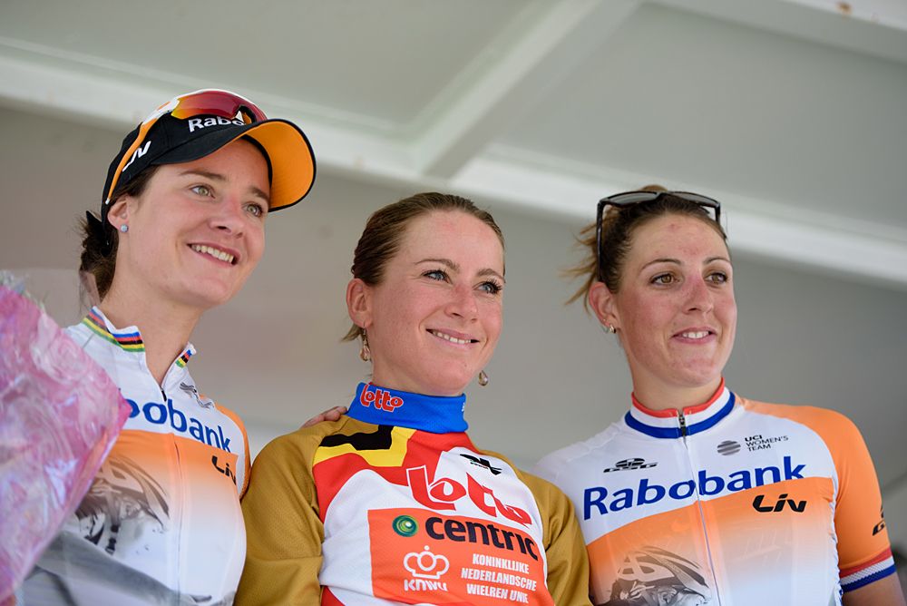 Top three in the general classification: Annemiek van Vleuten, Marianne Vos and Lucinda Brand at the 97 km Stage 3 of the Lotto Belgium Tour 2016