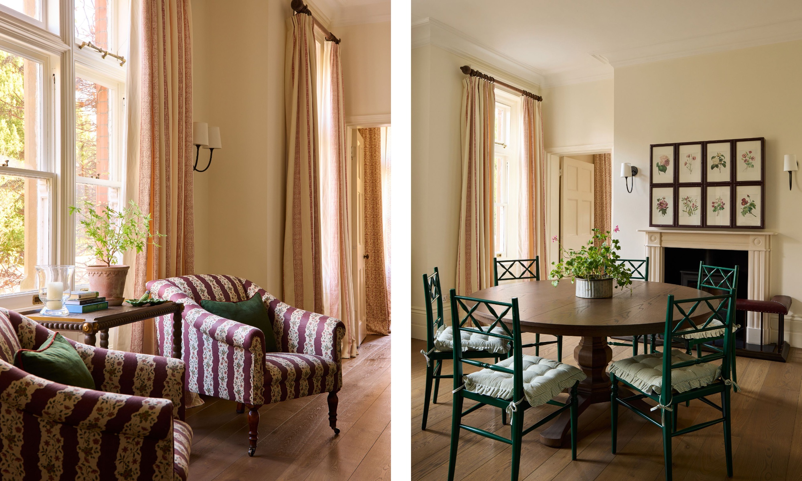 Two images of a dining space in an open-plan kitchen with warm white walls, a large window with lightly patterned curtains, two striped armchairs, and a round wooden dining table with dark green chairs.