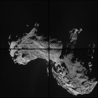 Rosetta spacecraft produced this four-image montage of comet 67P/C-G, with images taken on Sept. 19, 2014. Black borders separate the images, and there is some overlap.