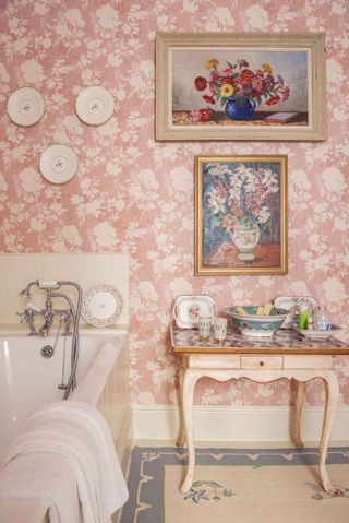 French country decor in pink bathroom