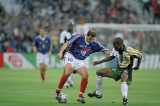 Zinedine Zidane on the ball for France against South Africa at the 1998 World Cup.