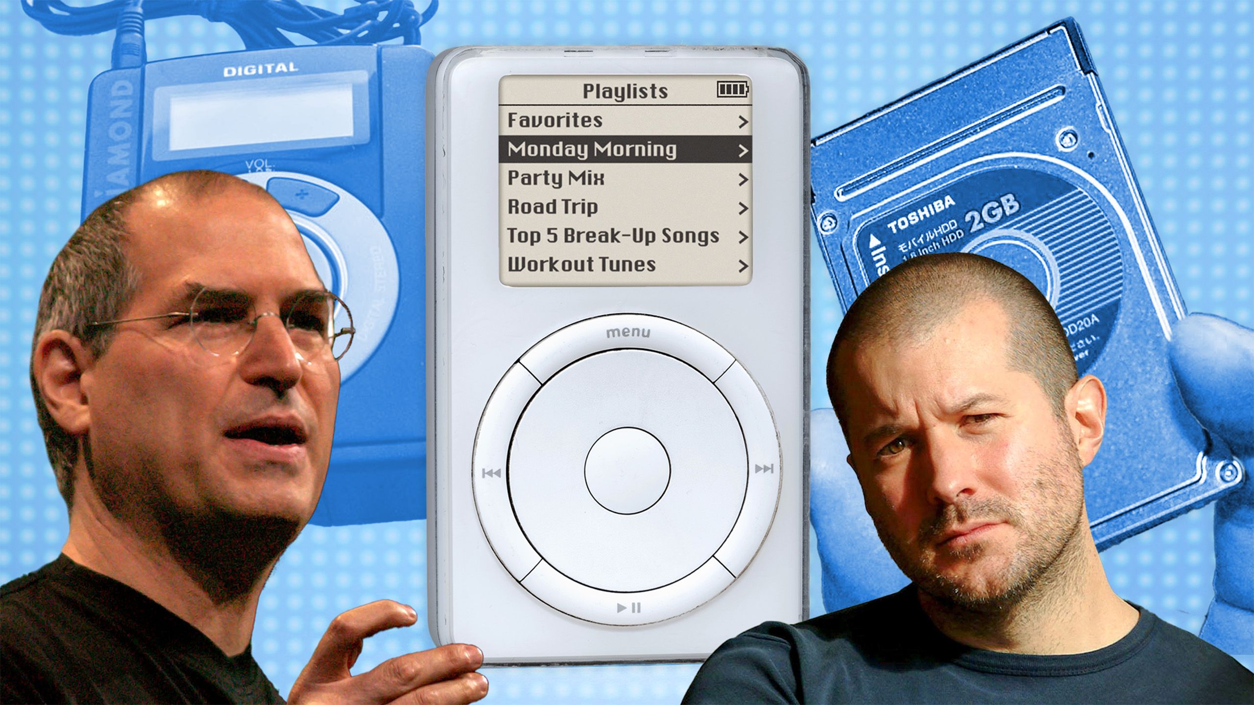 Steve Jobs, Jony Ive and the original iPod in 2001