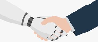 A robot hand shaking a human hand