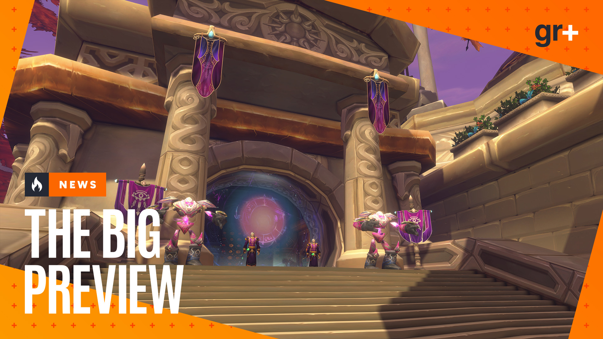 The gates of a city are adorned with purple banners in World of Warcraft: Forever, with the GamesRadar+ Big Preview frame