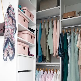 Inside wardrobe with drawers, shelves and hangers