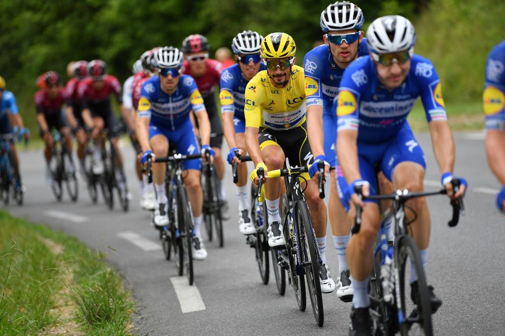 BAGNERESDEBIGORRE FRANCE JULY 18 Julian Alaphilippe of France and Team Deceuninck QuickStep Yellow Leader Jersey during the 106th Tour de France 2019 Stage 12 a 2095km stage from Toulouse to BagnresdeBigorre TDF TDF2019 LeTour on July 18 2019 in BagneresdeBigorre France Photo by Justin SetterfieldGetty Images