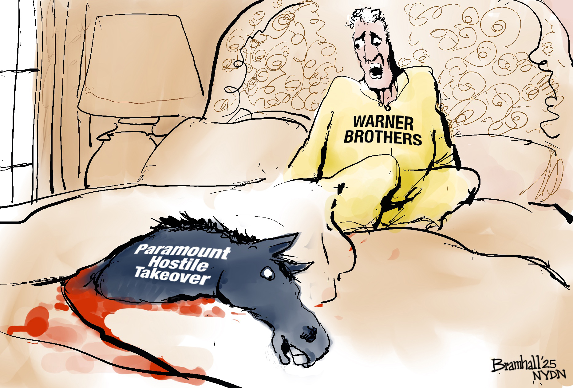 This cartoon is a takeoff on the horsehead in a bed scene from &amp;ldquo;The Godfather&amp;rdquo;. A man is in his bed and wears a &amp;ldquo;Warner Brothers&amp;rdquo; shirt. He is terrified to see a bloody horse head with the words, &amp;ldquo;Paramount Hostile Takeover&amp;rdquo; at the foot of the bed.