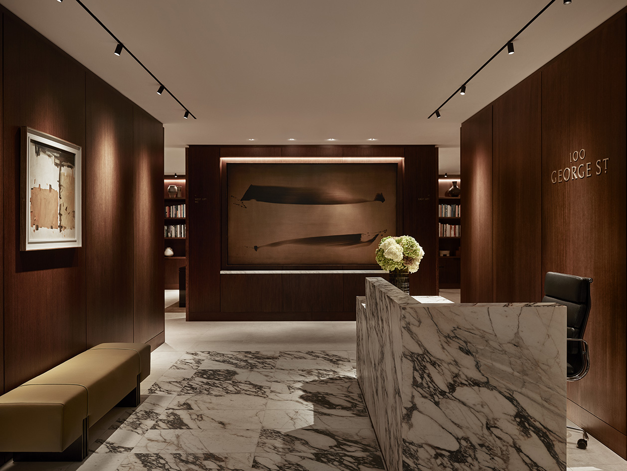 interiors of home in 100 George Street, warm, brown tones and fabrics